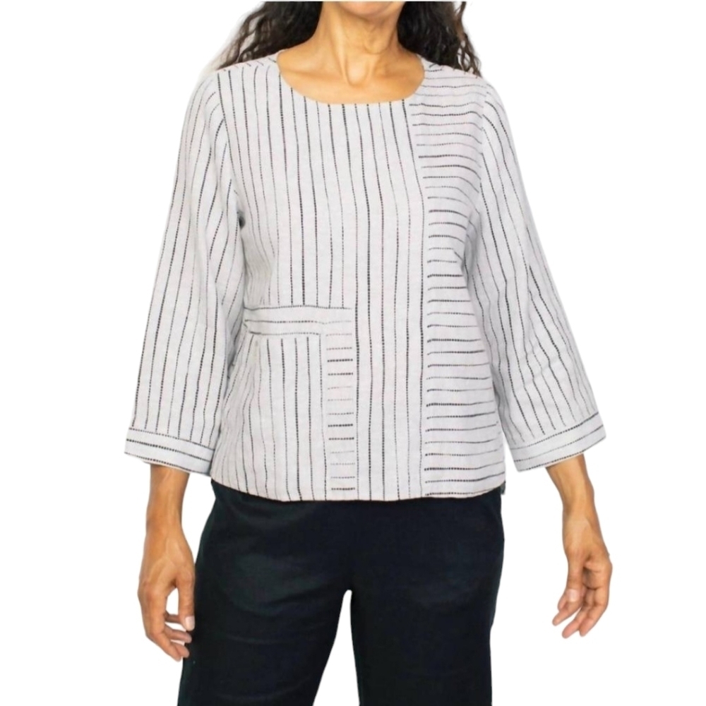 NWT Habitat Spring Breeze Linen White Indigo Stripe 3/4 Sleeve Tunic with Pocket